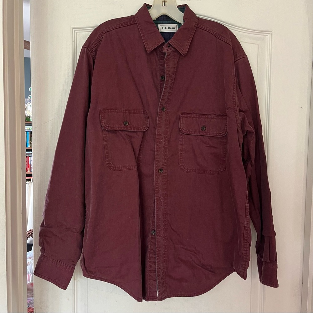 Vintage L.L. Bean Burgundy Shirt with Green Plaid Flannel Lining - Medium